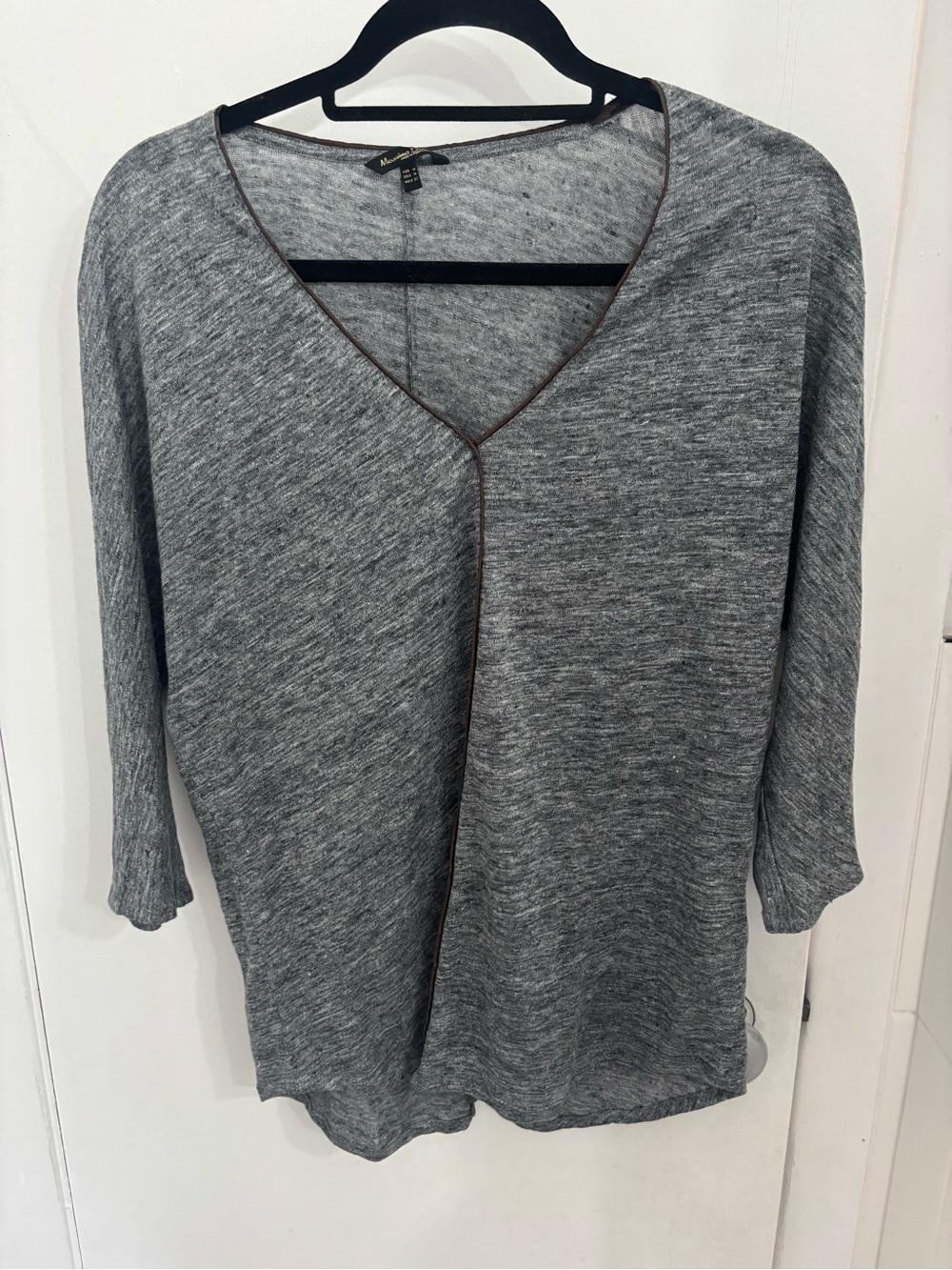 Massimo Dutti Gray Knit Top with Brown Trim